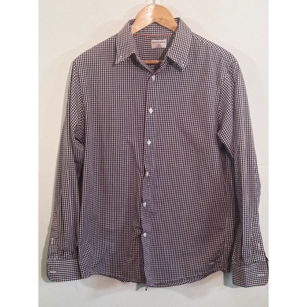 Dockers Mens Medium Burgundy White Gingham Button Down Shirt Casual